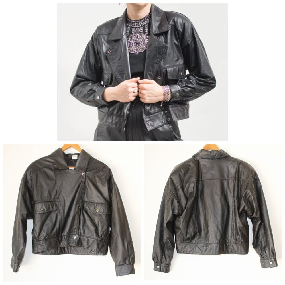 Vintage 80's Together Leather Bomber Black Jacket Small Motorcycle Pocket button